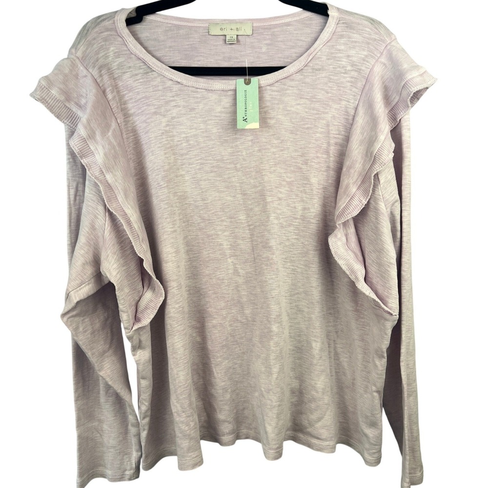Anthropologie Eri + Ali Lavender Washed Dye Ruffle Long Sleeve Cotton Top SZ 1X